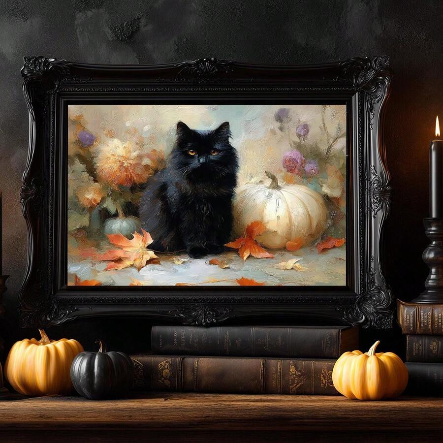 Black cat and white pumpkin vintage floral artwork in light wood frame above dining table