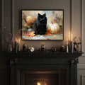 Black framed black cat and white pumpkin artwork above dark fireplace with candles and skull decor