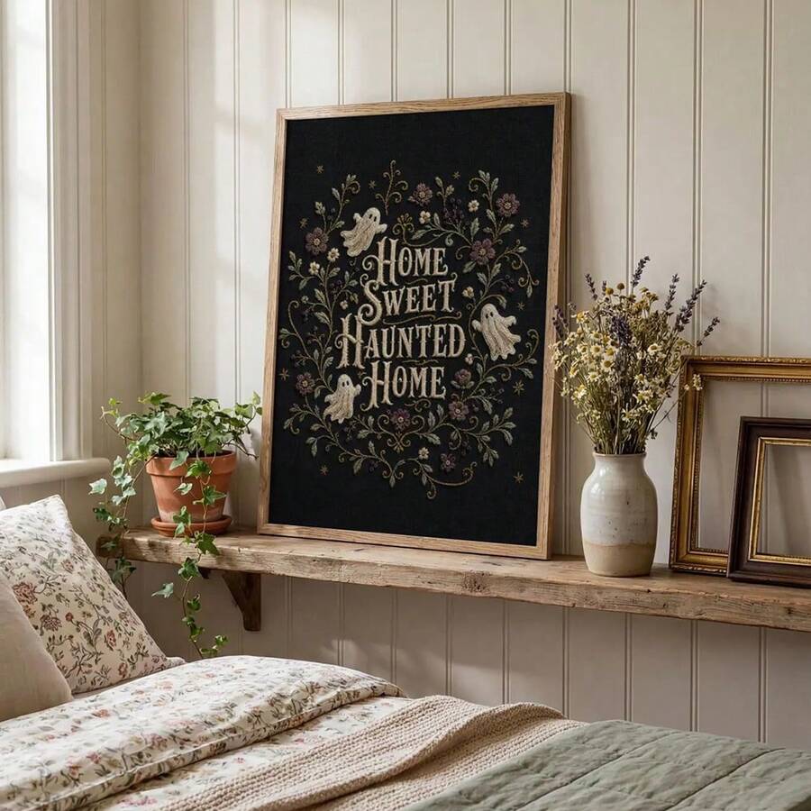Wood framed haunted home floral print leaning on a rustic bedroom shelf