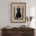 Vintage gothic cat wall art in cream and brown textile tones