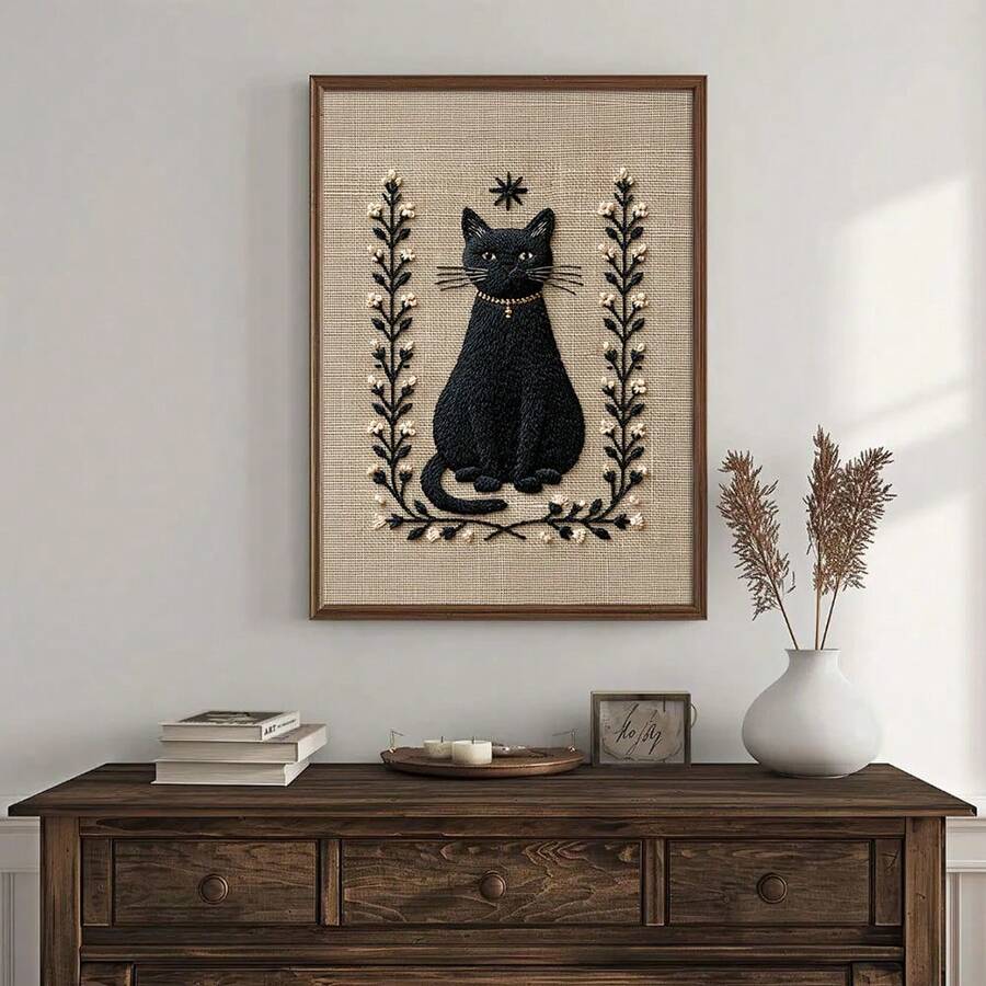 Vintage gothic cat wall art in cream and brown textile tones