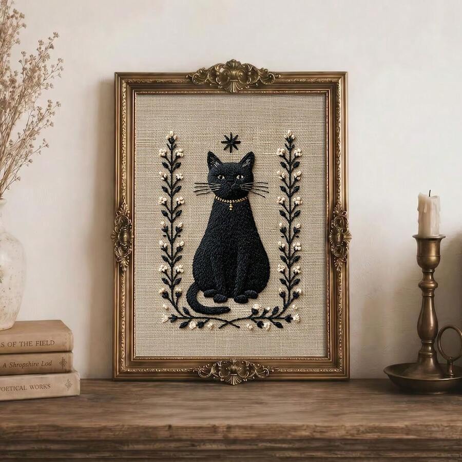 Framed embroidered cat decor for dark academia interiors