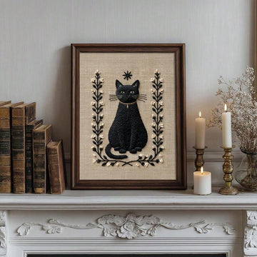 Black cat embroidered wall art with floral border