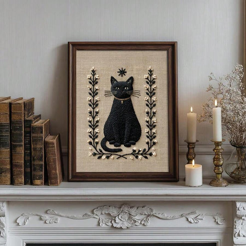 Vintage Witch Black Cat Halloween Folk Art Embroidery Style Canvas Poster