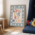 Framed blue boyhood typography poster in nursery decor