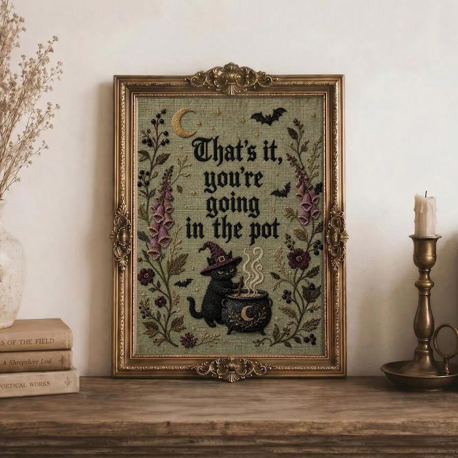 Vintage floral witch cat canvas poster in country goth style