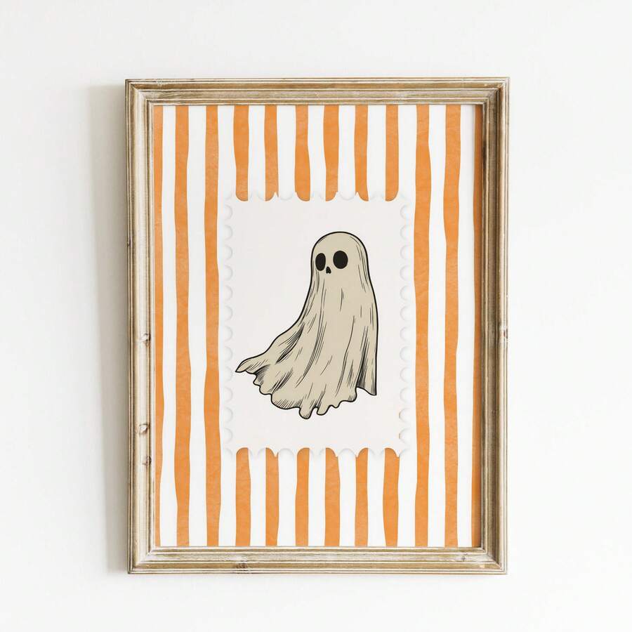 Playful spooky ghost canvas poster in orange and cream