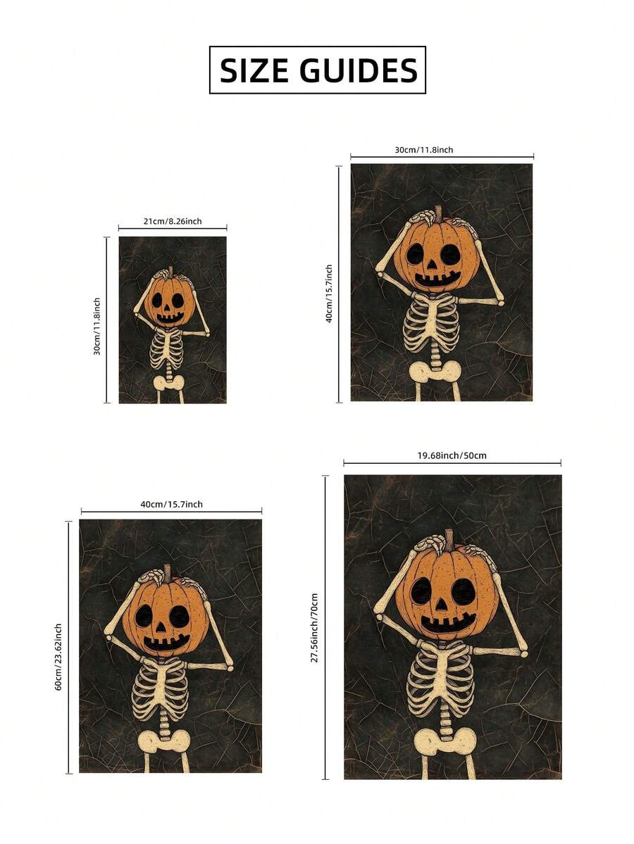 Size guide for pumpkin skeleton canvas artwork showing 21 by 30, 30 by 40, 40 by 60 and 50 by 70 centimeter dimensions