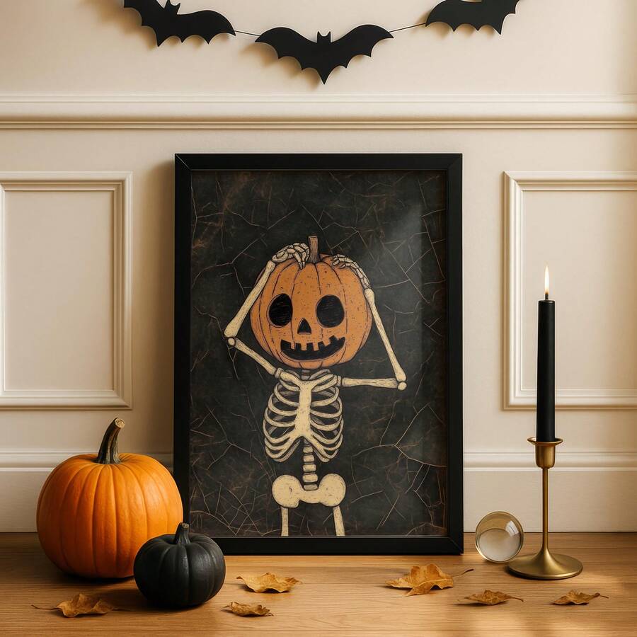 Pumpkin-headed skeleton Halloween artwork in a black display frame with orange and black pumpkins beneath a bat garland
