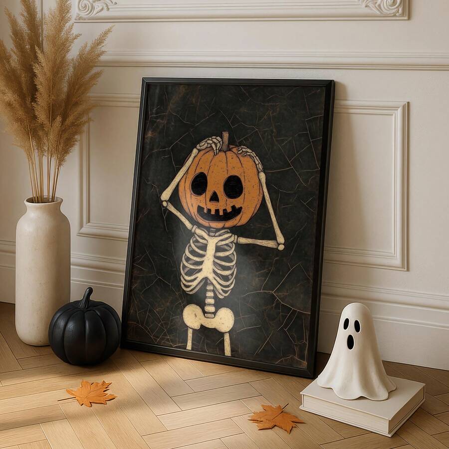 Pumpkin skeleton artwork in a black display frame beside pampas grass, a black pumpkin and a white ghost ornament