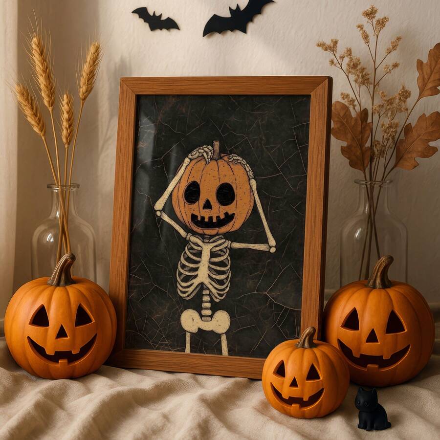 Skeleton holding a jack-o-lantern head artwork in a wooden display frame surrounded by carved pumpkins and dried autumn stems