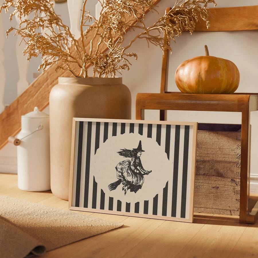 Mystical witch canvas poster styled with pumpkin, vase, branches, and wooden chair