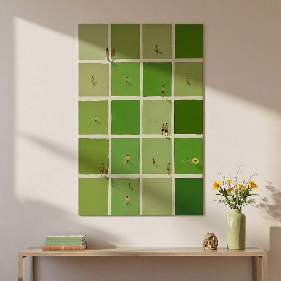 Unframed green grid wall art above a pale wood console with flowers