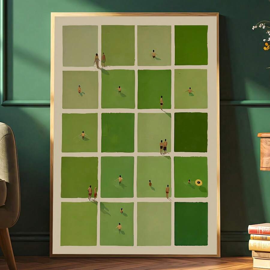 Green tiled figurative print in a light wood frame against a dark green wall