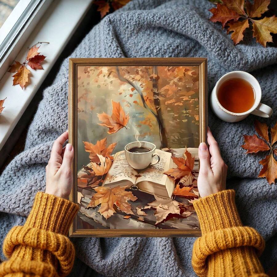 Small cozy reading print held beside tea and knit blanket