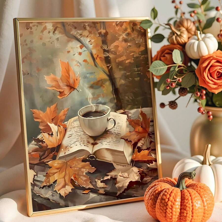 Maple leaf book artwork in gold frame with autumn flowers