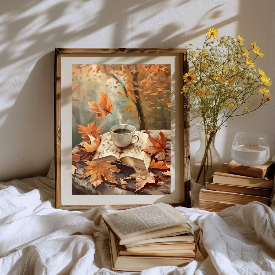 Framed autumn book and steaming drink art in bedroom nook