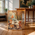 Steaming cup and open book print in sunlit room with plants