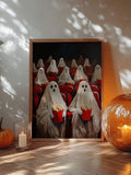 Whimsical cinema ghost poster styled with candles and an autumn pumpkin