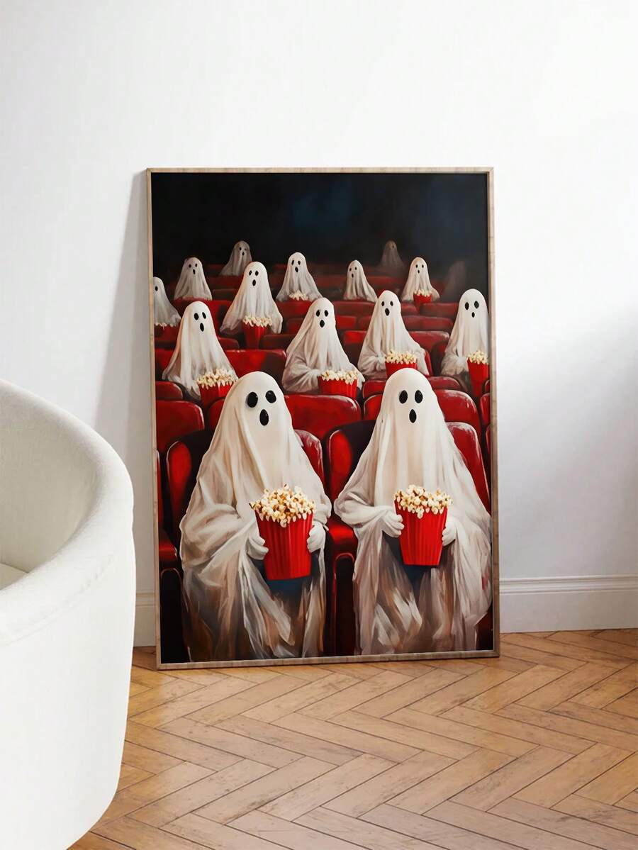 Framed spooky ghost movie audience wall art displayed on a neutral sofa