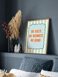 Cheerful nursery quote canvas poster with blue striped border displayed above a bedroom headboard