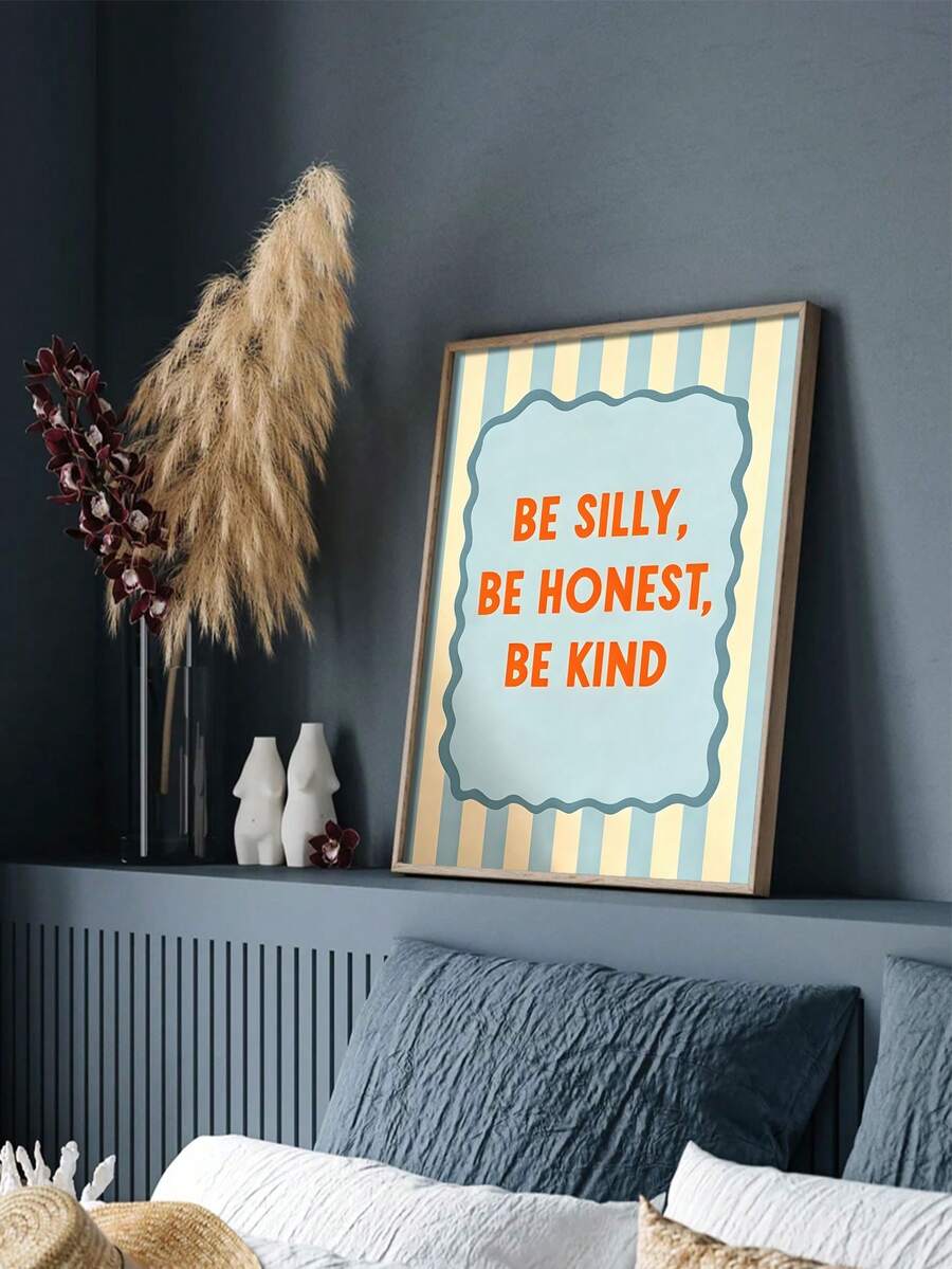 Cheerful nursery quote canvas poster with blue striped border displayed above a bedroom headboard
