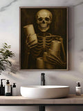 Gold framed skeleton toilet paper artwork in sunlit neutral sitting room