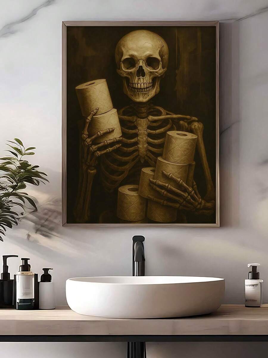 Gold framed skeleton toilet paper artwork in sunlit neutral sitting room