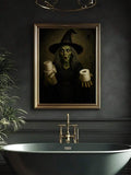 White framed green witch toilet paper portrait above modern bathroom sink