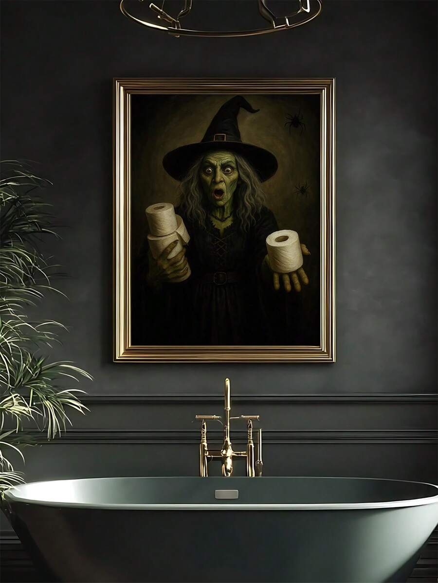 White framed green witch toilet paper portrait above modern bathroom sink