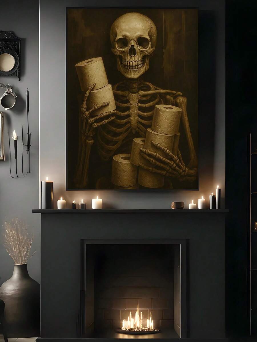 Skeleton with toilet paper rolls above candlelit black fireplace mantel