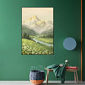 Framed turquoise mountain lake canvas poster above a modern blue sofa