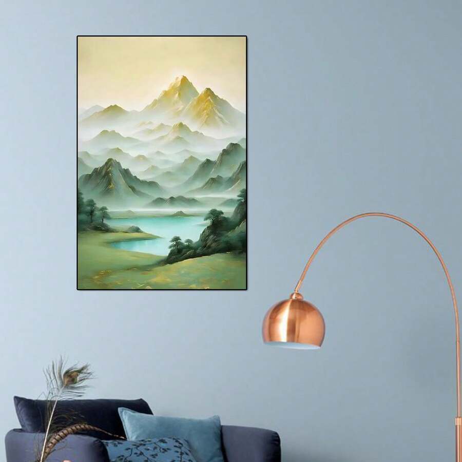 Framed glowing beach landscape print in a warm bohemian reading nook
