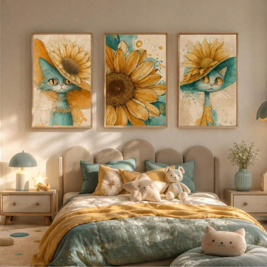 Set Of 3 Teal Cat Sunflower Vintage Watercolor Canvas Poster
