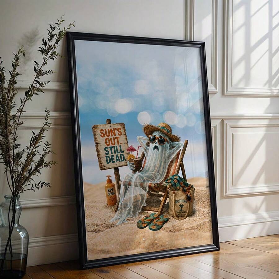 Halloween ghost poster with pale blue sky and tan beach