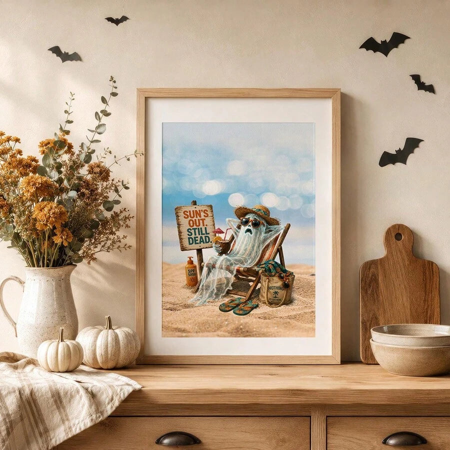 Funny beach ghost wall art with SUN’S OUT STILL DEAD quote