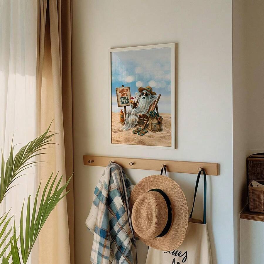 Vintage spooky beach canvas displayed in a seasonal entryway