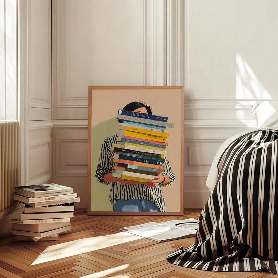 Bookworm reader portrait styled in bright modern bedroom