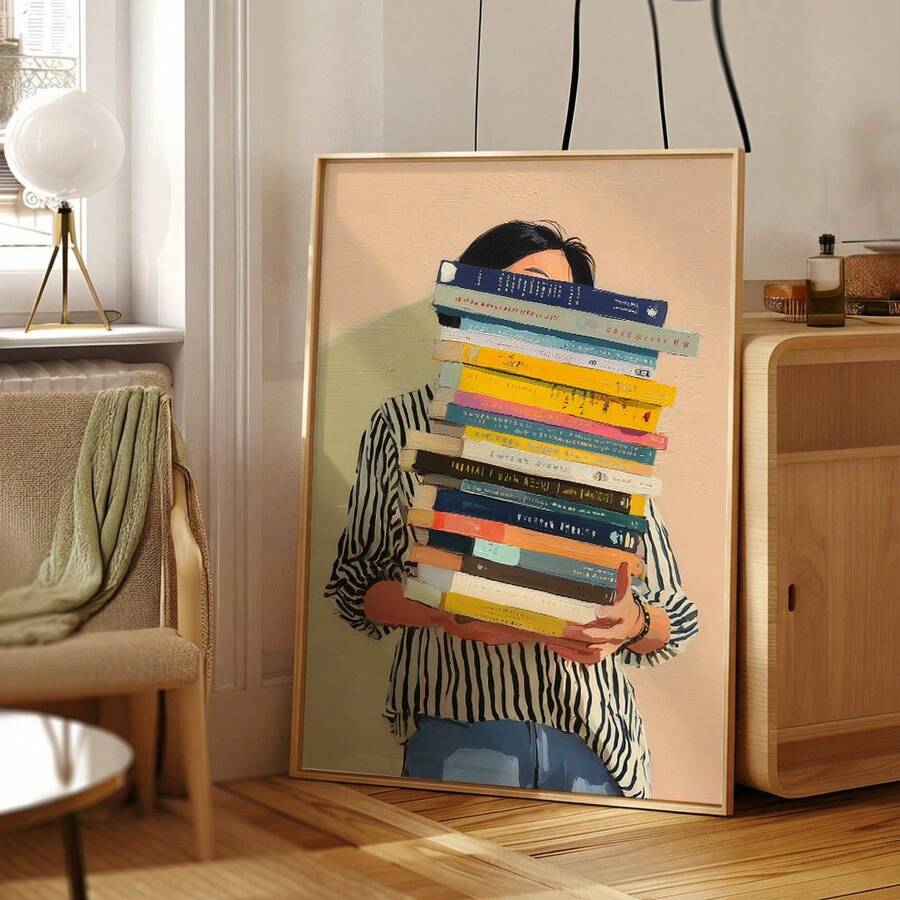 Book lover portrait with colorful stack of books in living room