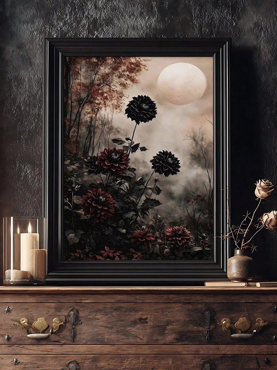 Moody gothic flower poster with black and burgundy tones