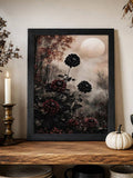 Framed dahlia landscape displayed above a rustic mantel