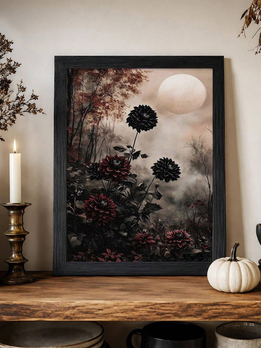 Framed dahlia landscape displayed above a rustic mantel