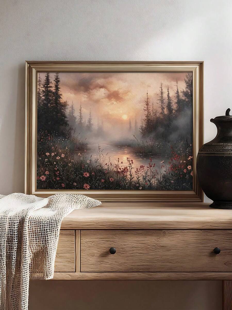 Vintage floral wall painting with candles and dried flowers
