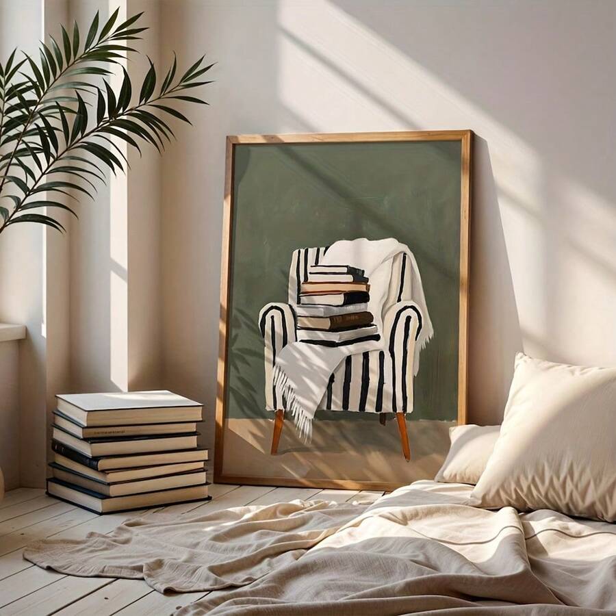 Wood-framed literary chair print beside bed cushions, tall plant and floor stack of books