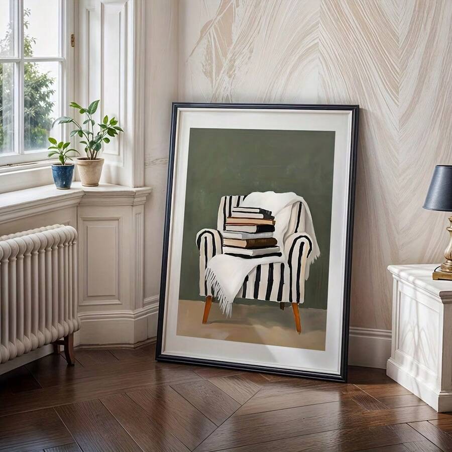 Framed striped armchair and stacked-books illustration against white paneled wall beside book pile