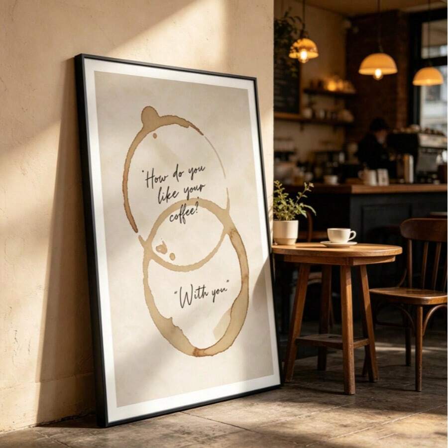 Coffee quote canvas poster staged beside café table and chairs beneath warm pendant lights