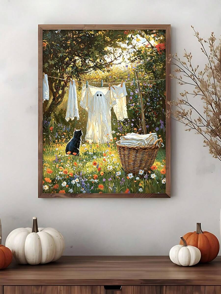 Humorous Ghost Laundry & Black Cat Vintage Spooky Halloween Canvas Poster