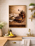 Vintage coffee canvas displayed above a bright kitchen backsplash