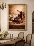 Framed coffee cup and grinder artwork above a rustic dining table