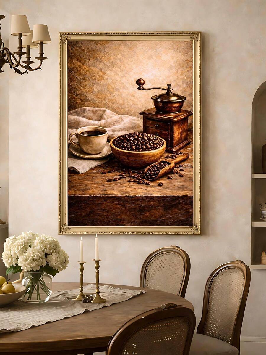 Framed coffee cup and grinder artwork above a rustic dining table